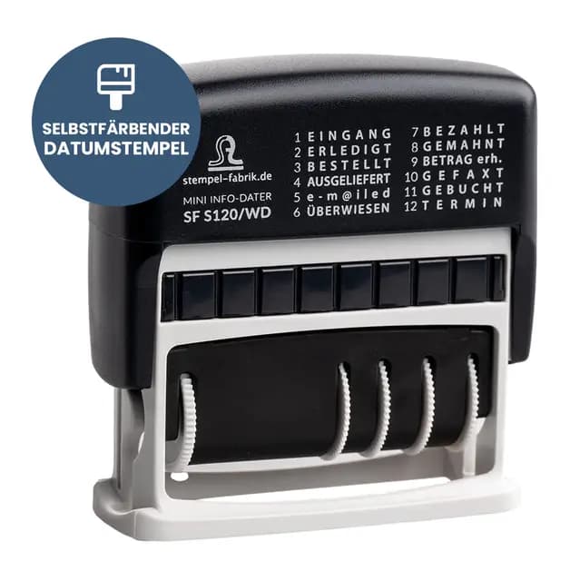 STEMPEL-FABRIK Datumstempel S120/WD/Selbstfärbender Stempel mit Datum & Texten (Eingangstempel, Bezahltstempel, Datumsstempel)