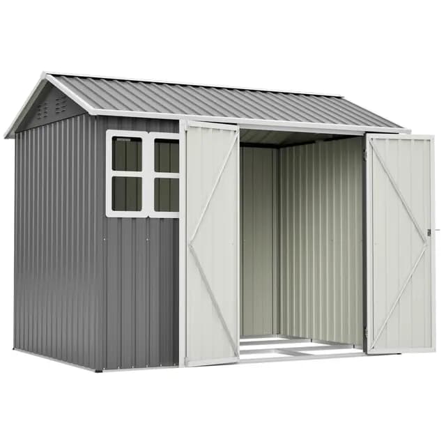 Thanaddo 8×6ft Gerätehaus Metall Groß Geräteschuppen 250x180x200cm mit Fundamentrahmen, Wetterfest Gartenhaus mit Fenster & Abschließbarer Tür, Gartenschuppen für Outdoor Garten Hinterhof, Grau