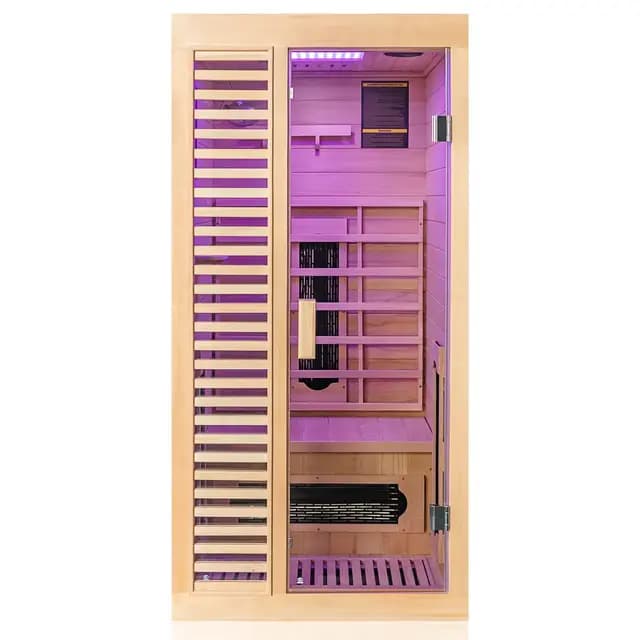 Dewello® Infrarotkabine Infrarotsauna Hamlin 90cm x 90cm für 1 Person aus Hemlock Tannenholz mit Keramikstrahler, Bodenstrahler, LED-Farblicht, Bluetooth, FM,MP3,USB