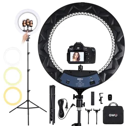 GWO 45,7 cm LED-Ringlicht mit Stativständer, 6000 K, dimmbar, Make-up-Selfie-Licht mit Touch-Panel-Telefonhalterungen für YouTube-Vlog-Videoaufnahmen, inklusive Tragetasche und Fernbedienung, CRI > 90