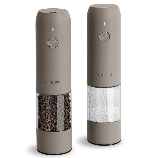 TLYSXPRO Salz und Pfeffermühle Elektrisch 2er Set, USB Wiederaufladbar, Einstellbarer Grobheit Gewürzmühle, Pfeffermühle Elektrische mit LED-Licht, Reinigungsbürste, Küchengeräte, Greige