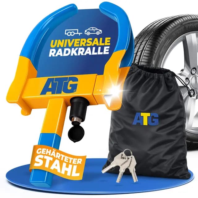 ATG Parkkralle Radkralle für Auto & Anhänger – Universelle Reifenkralle als Wegfahrsperre Auto – Diebstahlsicherung Anhänger für PKW, Wohnwagen, Wohnmobil & Motorrad – Reifenbreite 18–28 cm