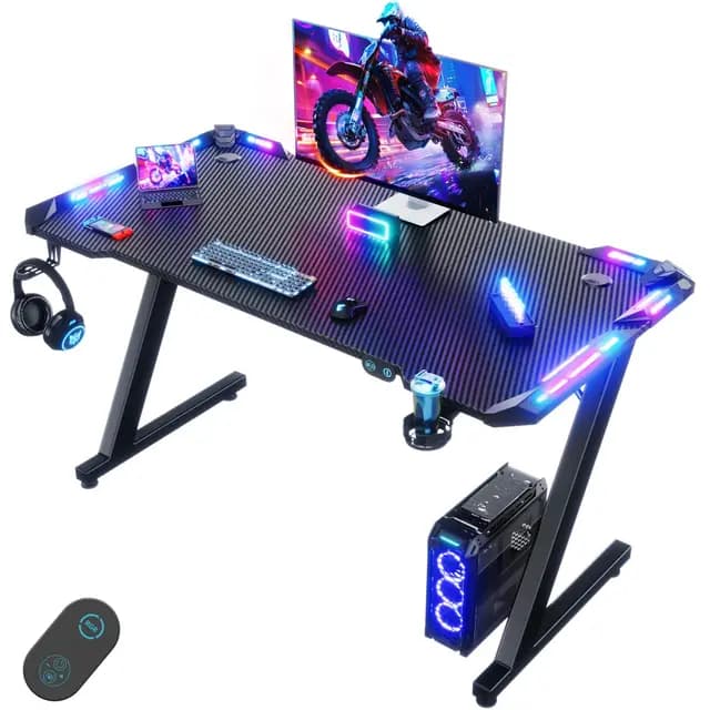Devoko 120 x 60 cm Gaming Tisch, Gaming Schreibtisch mit LED, Kohlefaser-Oberfläche, Ergonomic Gamer Tisch with Drink Holder, Headphone Hook, Stabiler Computertisch