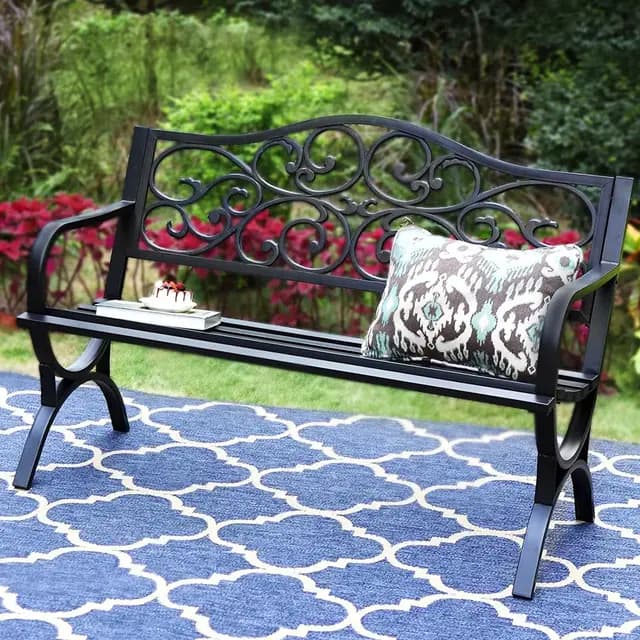 PHI VILLA Gartenbank Wetterfest Metall Gusseisen Stahlrahmen 2-3 Sitzer Bank Outdoor mit Floralem Design Rückenlehne Sitzbank für Park, Garten und Terrasse