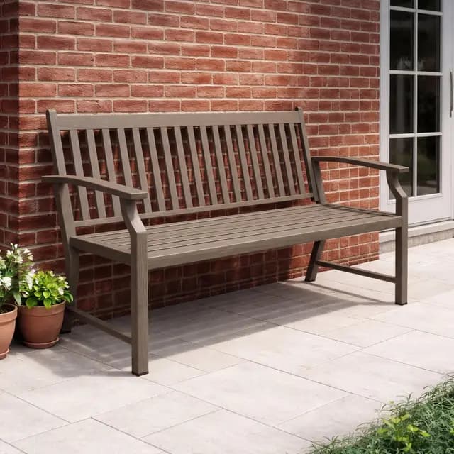 UDPATIO Gartenbank Metall in Holzoptik,Wetterfeste Sitzbank Outdoor, Bank 2–3 Sitzer für Balkon & Garten,Balkonmöbel mit Rücken & Armlehnen,Braun