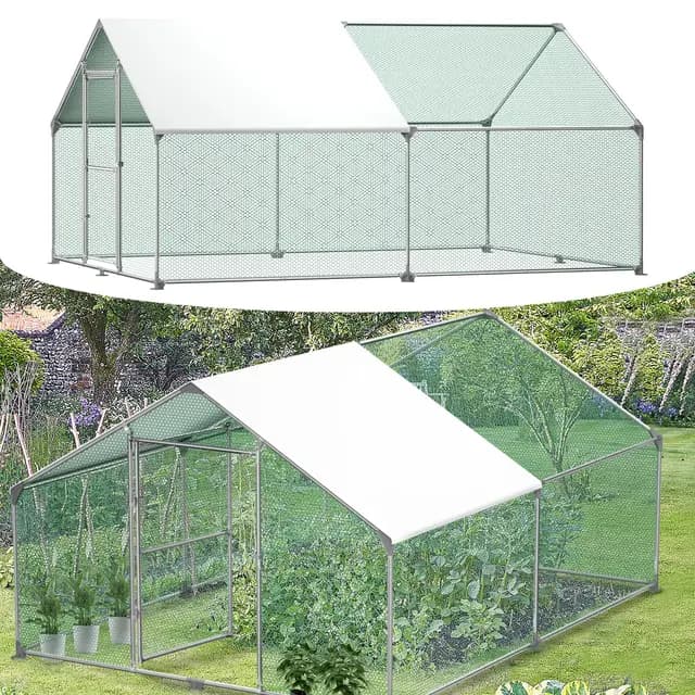 Freilaufgehege Hühnerstall Käfig, Freilaufgehege Hühner mit Schloss, Hühnerhaus Verzinkter Stahl mit PE Schatten Dach, Voliere für Hühnerkäfig Kleintiere Vogelkäfig, 3x4x2m