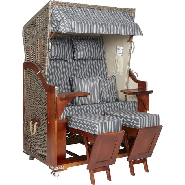 Strandkorb Mallorca Pinienholz | 2-Sitzer | Montiert mit Schutzhülle | Geflecht Grau, Bezug: Anthrazit Gestreift | Halblieger | Beach Chair für den Garten Terrasse Balkon