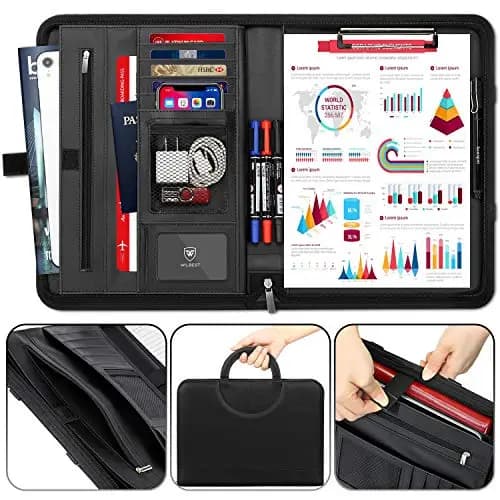 A4 Schreibmappe, Multifunktions Ledermappe, Große Fächern für Tablet, Reißverschlussfach, Facheinschließlich Schreibbloc, 4 Kartenfächer, Faltbaren Magnetgriffen, Wasserdicht Dokumentenmappe