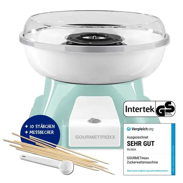 GOURMETmaxx Zuckerwattemaschine für Zuhause | Das Original mit 10 Stäbchen & Messlöffel in nostalgischem Retro-Design in mint | Cotton Candy in höchster Qualität für jeden Anlass [Mint]