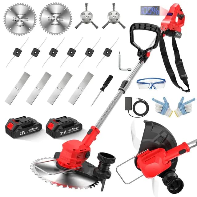 21V Rasentrimmer mit 2×2000mAh Akku und Ladegerät, Akku Freischneider mit 14-Fach Schneidsystem, LCD Akkuanzeige, Teleskop Rasentrimmer für Garten, Rasen und Unkraut