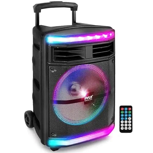Pyle Partybox, 600W Bluetooth Lautsprecher Groß, Tragbare Musikbox mit Griff & Rollen, 10" Subwoofer & Akku, Karaoke Box mit LED Lichtern, USB/SD/MP3, für Party, Outdoor, Events & DJ
