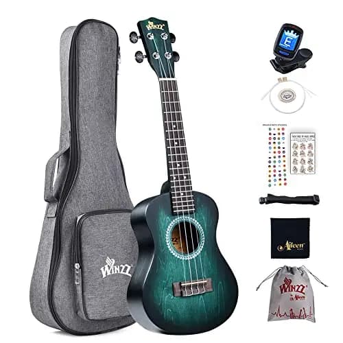 Winzz 23" Ukulele Konzert Anfänger Set Kinderm Erwachsene, Einzigartiges Farbdesign, mit Tasche, Stimmgerät, Zusätzlichen Saiten, Gurt, Noten-Aufkleber (Blau-Grü)