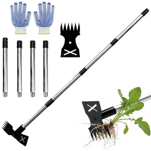 150cm Unkrautstecher mit langem Stiel, 2-in-1 Unkrautrechen und Gartenhacke, Unkrautentferner aus Gussstahl, Rückenschonender Unkrautjäter für Garten, Rasen und Beete, Verstellbarer Unkrautzieher