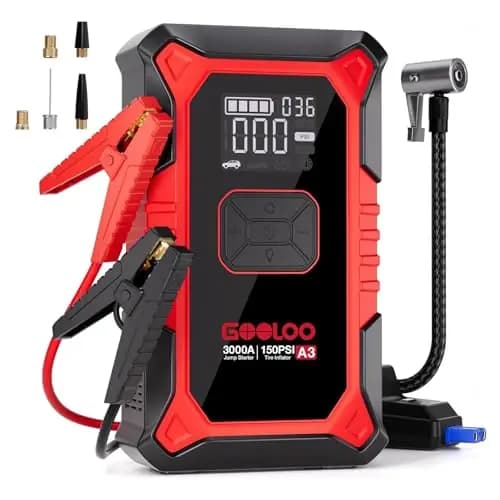 GOOLOO A3 Starthilfe Powerbank mit Kompressor, 3000A 150PSI Spitzenstrom Starter Powerbank für 12V Fahrzeuge(Bis zu 9.0L Benzin/6.5L Diesel), Tragbare Auto Starthilfe mit Digitale und LED – Bild 1