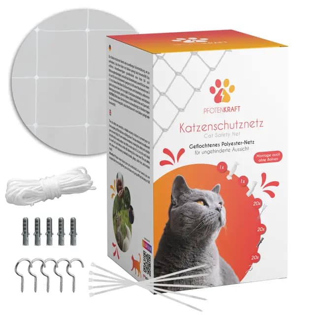 Premium Katzennetz aus Polyester für Balkon & Fenster ohne Bohren 3 x 6m - großes Balkonnetz transparent, reißfest & wetterfest - Katzenschutznetz Fenster - inkl. Befestigungsmaterial