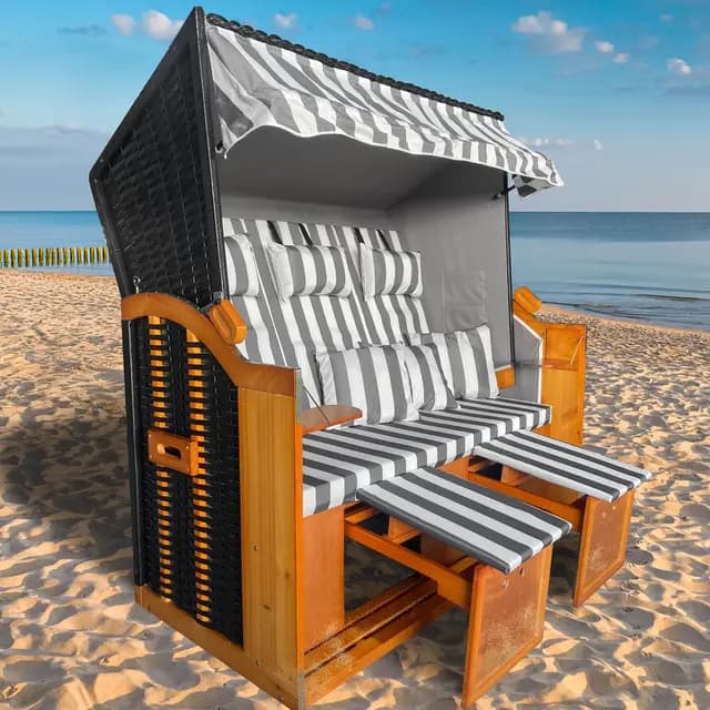 BRAST® Strandkorb Ostsee 3-Sitzer XL für 2-3 Personen | 155cm breit | 2 Designs | Tragkraft bis zu 500kg | verstellbare Rückenlehne | Grau/Weiß - gestreift