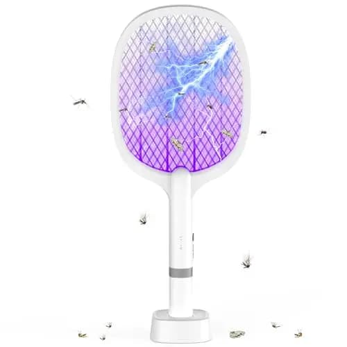 Elektrische Fliegenklatsche 5000V Extra Stark, Fliegenklatsche Elektrisch Aufladbar, 2 in 1 Mückenklatsche Elektrisch mit UV-Lichtfalle & USB-C Ladestation, Gegen Mücken Fliegen Motten Wespen(1 Stück)