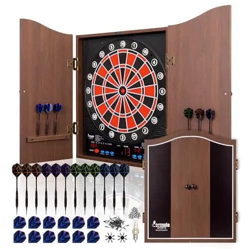 Elektronische Dartscheibe Profi Set mit 211 Varianten für 1 bis 16 Spieler mit 12 Darts + 12 Flights 100 Pfeilspitzen Zubehör