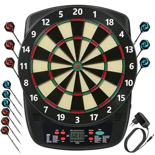 Elektronische Dartscheibe Profi Set 32 Spiele&590 Varianten mit Soundeffekte LCD-Bildschirm, 6 Darts 50 Dartköpfe Netzadapter, E-Darts Dartautomat für Hause Partys Garten Bar 1-8 Spieler