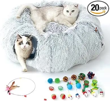 FURRYPAWS Katzentunnelbett mit 20 Spielzeugen, multifunktionaler Donut-Katzen-Spieltunnel, faltbar, Plüsch, Haustierhöhle, Versteck mit Blicklöchern und Ball, für Kätzchen, Kaninchen, Meerschweinchen