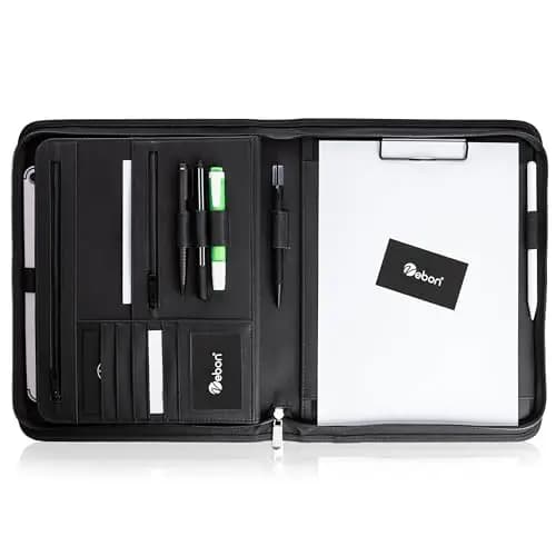 Vebon® Schreibmappe A4 groß New York I Veganes Leder, Reißverschluss + Klemmbrett I Konferenzmappe + Laptoptasche I extra Stauraum I Schwarz