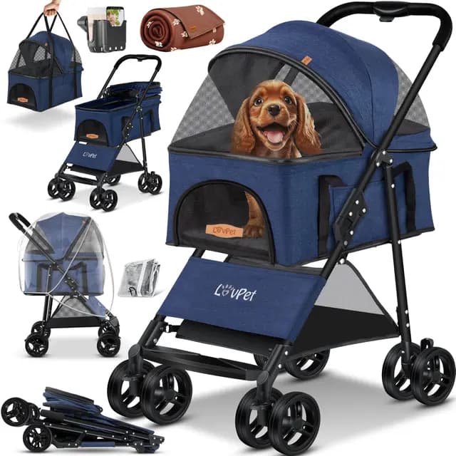 LOVPET® Hundewagen 2in1 Hundebuggy Hundebox Tragetasche Faltbar klappbar bis 20kg, mit 360°Drehrädern Inkl. Netzfenstern Getränkehalter, Regenschutzabdeckung & Kuscheldecke, Jogger Buggy für Haustiere