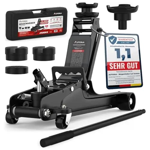 AUTORIA Wagenheber 2,5T – Flacher hydraulischer Rangierwagenheber mit Koffer, 3X Gummiauflage & Adapter – für PKW & tiefergelegte Fahrzeuge – bis 2.500 kg Tragkraft – Bild 1