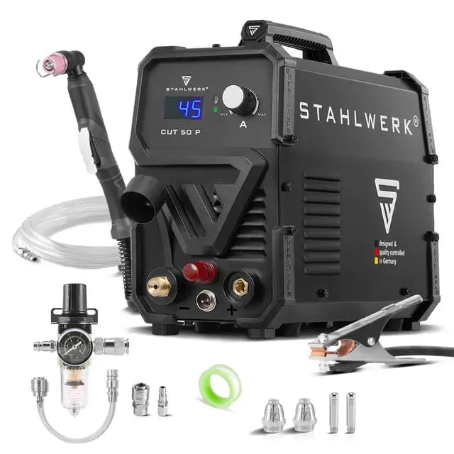 STAHLWERK Plasmaschneider CUT 50 P – Plasmaschneidgerät mit 15 bis 45 A, Schneidleistung bis 15 mm, Plasma Cutter mit HF-Pilotzündung, Smart-Kühlung, einfache Bedienung mit viel Zubehör
