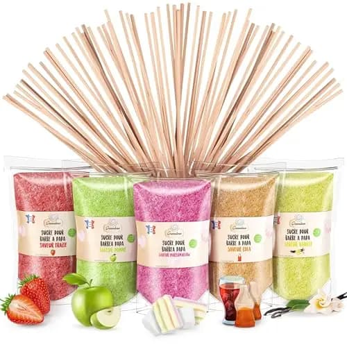 GREENDOSO® Zuckerwatte Zucker Set 5x300g - Natürliche Aromen & Farben - Erdbeere/Cola/Apfel/Marshmallow/Vanille + 50 Stäbchen für Zuckerwattemaschine