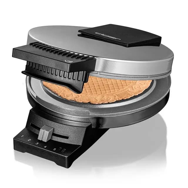 Cloer 285 Hörncheneisen für hauchdünne, knusprige Hörnchen, 800 W, Backfläche 15 cm Durchmesser, schwere Backplatten, stufenlos wählbarer Bräunungsgrad, Signalton, Edelstahlgehäuse, Edelstahl, Chrom