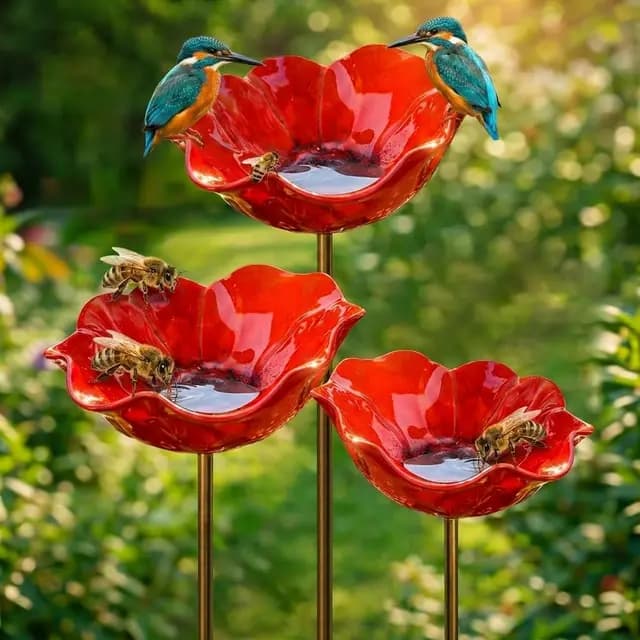 Vogeltränke Gartenstecker Metall，Blumenform Bienentränke für Garten, Mehrfach Vogelbad & Insektentränke, Gartendekoration Bienenstein für Rasen (3 Stück) – Bild 1