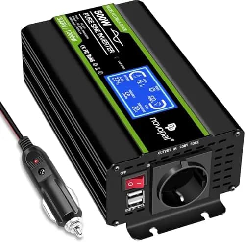 NOVOPAL 500W Wechselrichter 12V auf 230V 220V Reiner Sinus Spannungswandler mit intelligenter LCD-Anzeige - 2USB-Ausgang, EU-Stecker Für Auto KFZ Wohnwagen LKW
