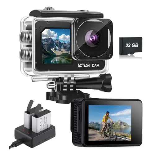 Action Cam FHD 1080P Dual Screen Unterwasserkamera Wasserdicht bis 40M Actionkamera mit 2×1050 mAh Wiederaufladbare Akkus und Zubehör-Set(Black)