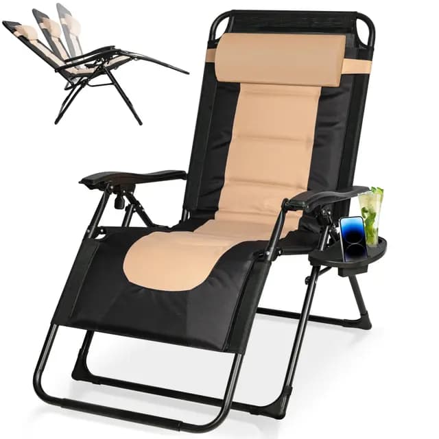 Sonnenliege Klappbar bis 200kg, Verstellbarer Liegestuhl mit Nackenkissen & Getränkehalter, Ergonomische Gartenliege, Wetterfeste Relaxliege für Garten, Balkon & Strand (Beige)