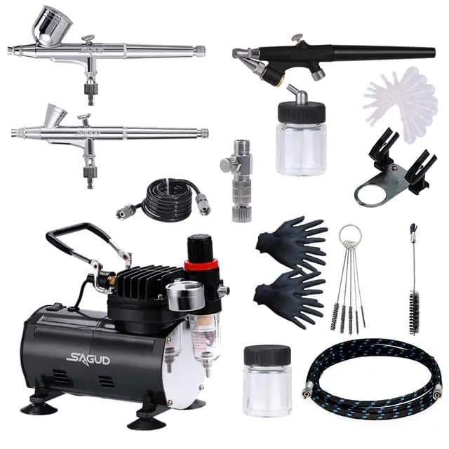 Airbrush Set mit Kompressor, Airbrushpistole Double Action Airbrush mit inklusive 3 Airbrushes 0,2 mm 0,3 mm 0,8 mm Düse und Nadel für Hobby, Modellbau, Nägel, Profi Starter Set