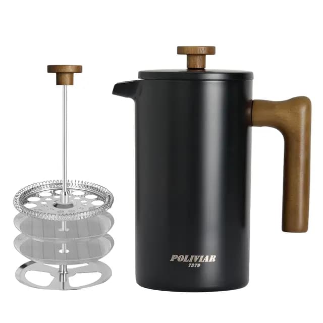Poliviar French Press Kaffeebereiter 1 Liter/8 Tassen, Doppelwandige Isolierte Kaffeekanne und Teebereiter, Handfilter Kaffeepresse mit Plunger & Griff aus Holz, Vintage (Schwarz)