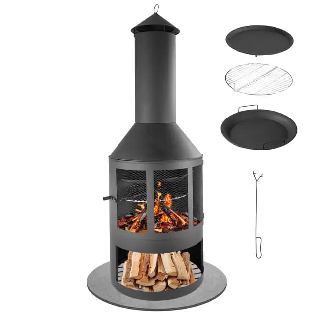 'LEMODO Gartenkamin mit Grillrost und Pfanne, Outdoor-Kamin 136 cm mit Funkenschutztür, Grillkamin für Holz mit Schornstein, Terrassenofen mit Holzablage, Feuerstelle und Gartenofen (Gartenkamin)
