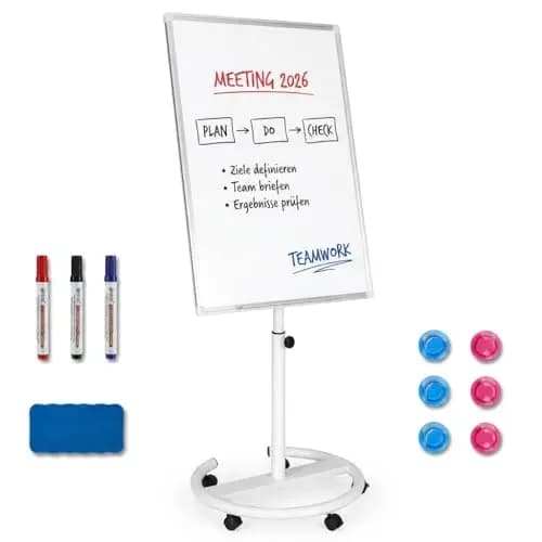 Magnetisches Mobiles Whiteboard & Flipchart Ständer 70x100 cm, Höhenverstellbar 157-195cm, fahrbare Moderationstafel mit 5 Rollen & Papierklammer, für Büro, Schule & Home Office (Weiß)