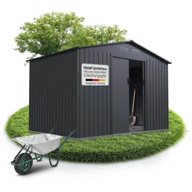 Juskys Geräteschuppen Metall XL – Gartenhaus & Gerätehaus mit Schiebetür, Fundamentrahmen & Schloss, wetterfester Gartenschrank zur Aufbewahrung – Dunkelgrau