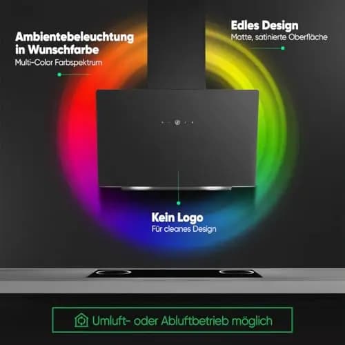 Bomann Dunstabzugshaube 60cm, bunte Beleuchtung, Abzugshaube 60cm Umluft & Abluft, leise Kopffreihaube, inkl. Montage-Material, Dunstabzugshaube Umluft Abluft DU 7611 G