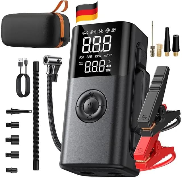 All-in-One Starthilfe mit Luftpumpe & Powerbank – 150 PSI Reifenfüller 12V Kompressor mit 6000mAh Akku, Digitalanzeige, LED-Notlicht, Schnell-Aufblasen, Auto Starthilfe & USB-Aufladung