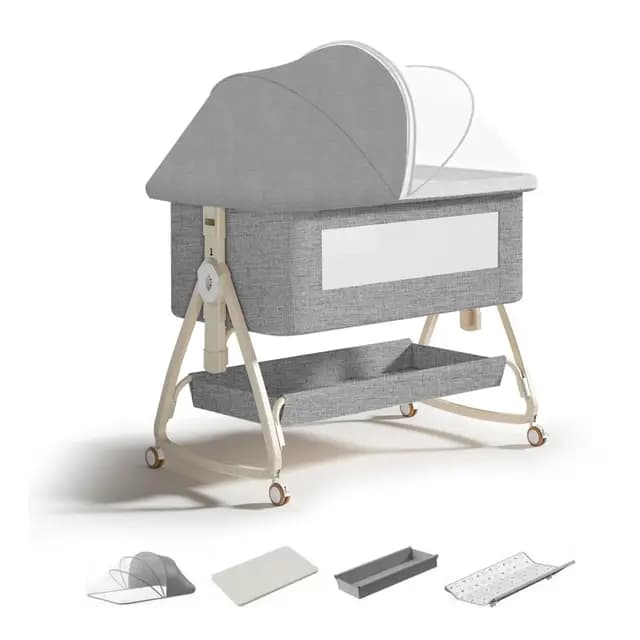 4-in-1 Beistellbett Baby,Convertible Babybett für Co-Sleeping,Baby Reisebett mit Matratze,6 Höhenverstellbar Stubenwagen Baby mit Rollen,Faltbar Kinderbett von 1 bis 36 Monaten (Gray)