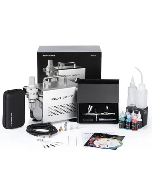 InoKraft Airbrush-Set mit Kompressor 1/6 HP leiser Luftkompressor, Airbrushpistole 3 Düsen (0,2, 0,3 & 0,5 mm) Schlauch, Halter & Anleitung, Airbrush für Modellbemalung, Geschenk für Kinder 4 Farben