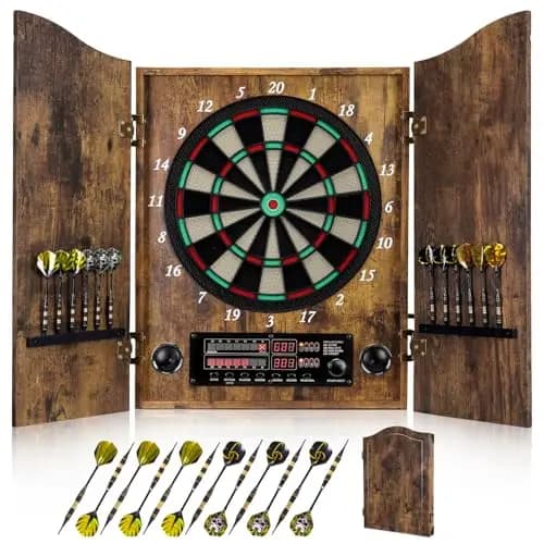 Dartscheibe Elektronisch, Dekoratives Elektronische Dartscheibe Schrank-Set [12 Bronze Soft-Tip Pfeile][Cricket-Spielmodus] - Profi E Dart Scheibe mit Holzschranktüren