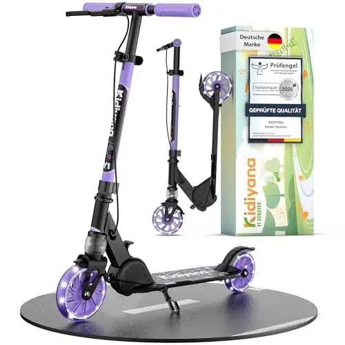 Kinderroller Scooter ab 5 Jahren bis 50 kg – Tretroller für Jungen & Mädchen mit 120 mm PU-Leuchträdern, ABEC-5 Kugellager, Handbremse & Stoßdämpfung, klappbar & höhenverstellbar