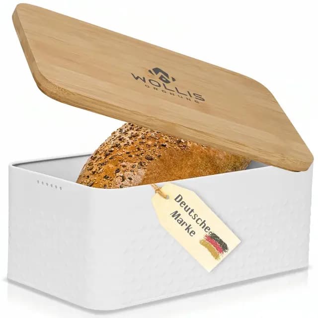 WOLLIS ORDNUNG Brotkasten Metall mit Bambusdeckel Weiß
