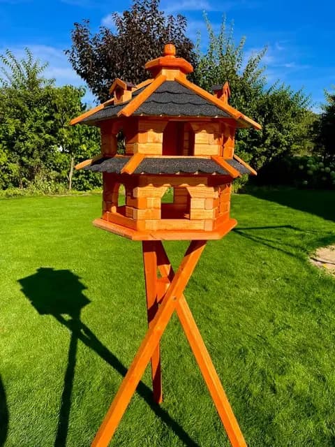 Vogelhaus doppelstöckig,wahlweise mit Ständer und Solarbeleuchtung, Verschiedene Größen L - XXL, Futtersilo, wetterfestes Bitumendach (schwarz, Größe L Ständer)
