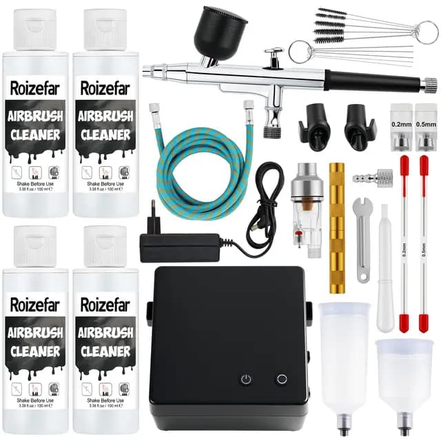 Roizefar Airbrush Set mit Kompressor, 55 PSI verstopfungsfreie Double-Action-Airbrushpistole, 4×100 ml Reiniger, 0,2/0,3/0,5 mm Düsen & Reinigungsbürste, ideal für Malerei, Modellbau und Nail Art