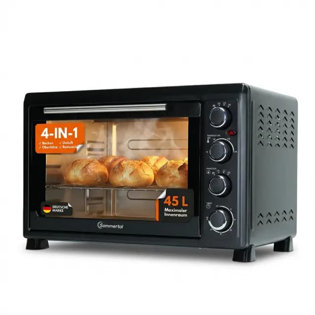 Sommertal Minibackofen 45L mit Drehspieß & Umluft, 2000W, 100–230°C, 60 Min Timer, Hähnchengrill Backofen, Mini Backofen 45 Liter mit Konvektion, Backen, Grillen & Pizza, inkl. 7-tlg Zubehör – Bild 1