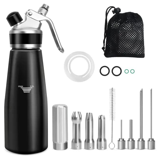 Sahnespender, Sahnesyphon 500ml Geschenk für Männer und Frauen, für Cremes und Desserts,mit 3 Edelstahl-Dekodüsen, 4 Injektor-Tipps und 1 Reinigungbürste,Aufbewahrungstasche+Ersatzgummiring